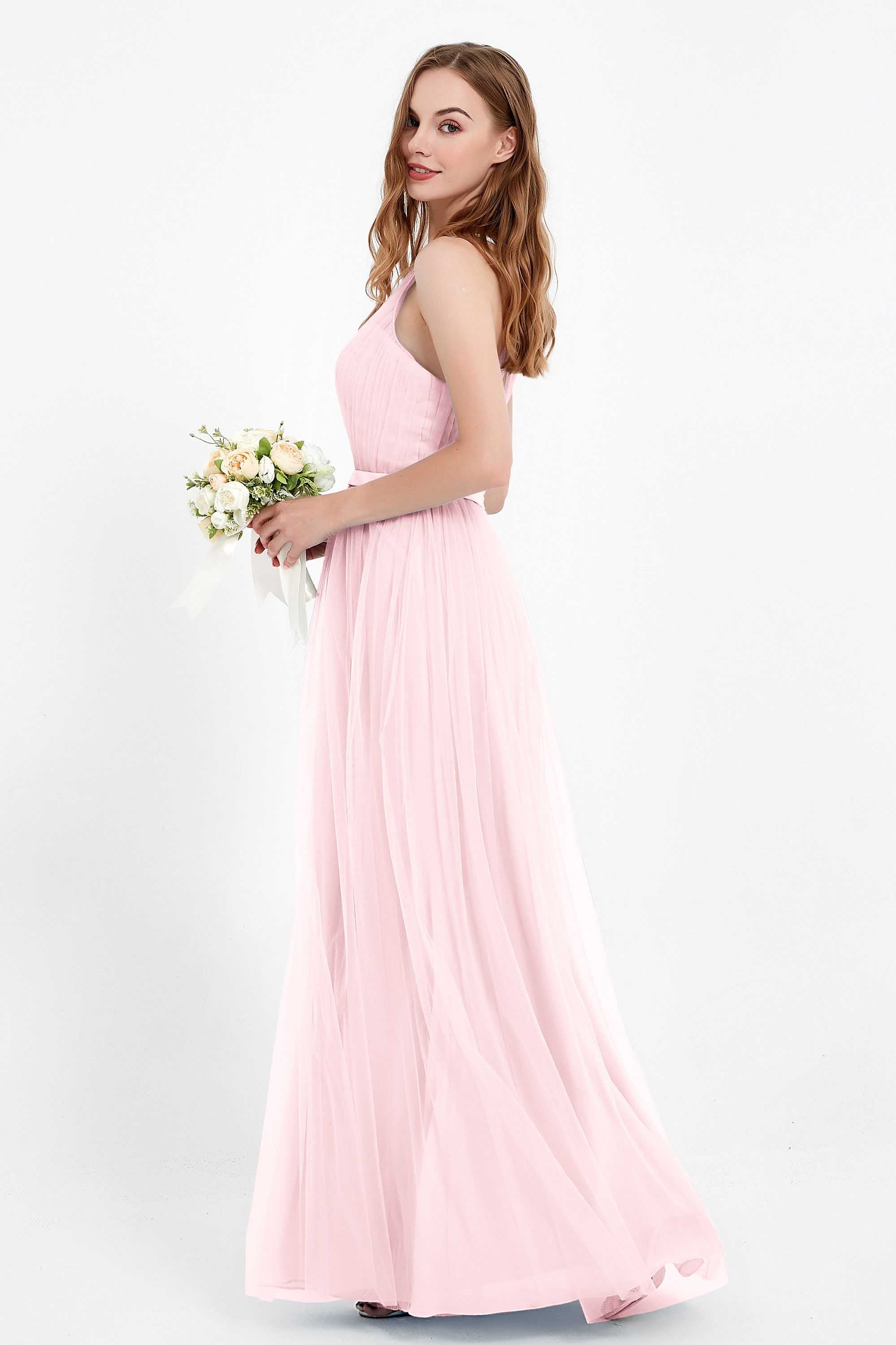 romantic maxi bridesmaid dress features a V neckline empire waist pleated formal evening dresses