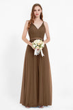 romantic maxi bridesmaid dress features a V neckline empire waist pleated formal evening dresses