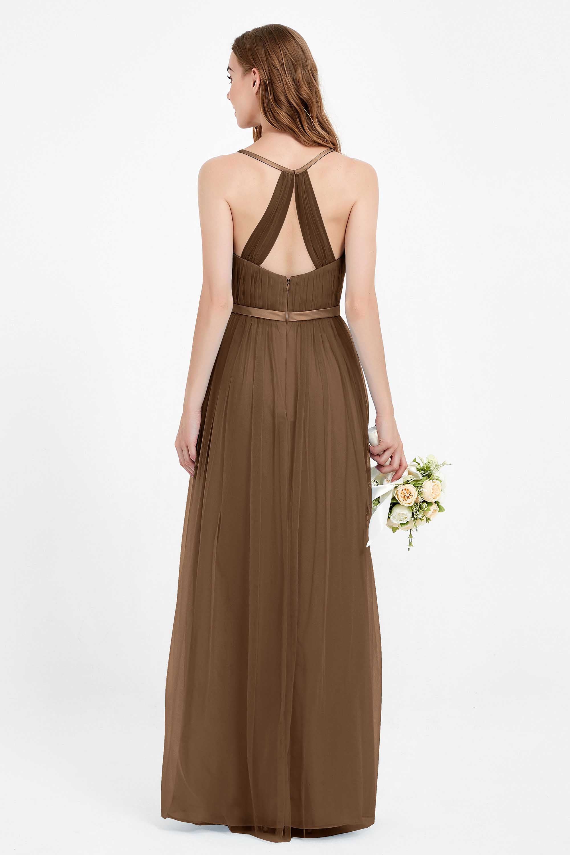romantic maxi bridesmaid dress features a V neckline empire waist pleated formal evening dresses