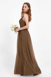 romantic maxi bridesmaid dress features a V neckline empire waist pleated formal evening dresses