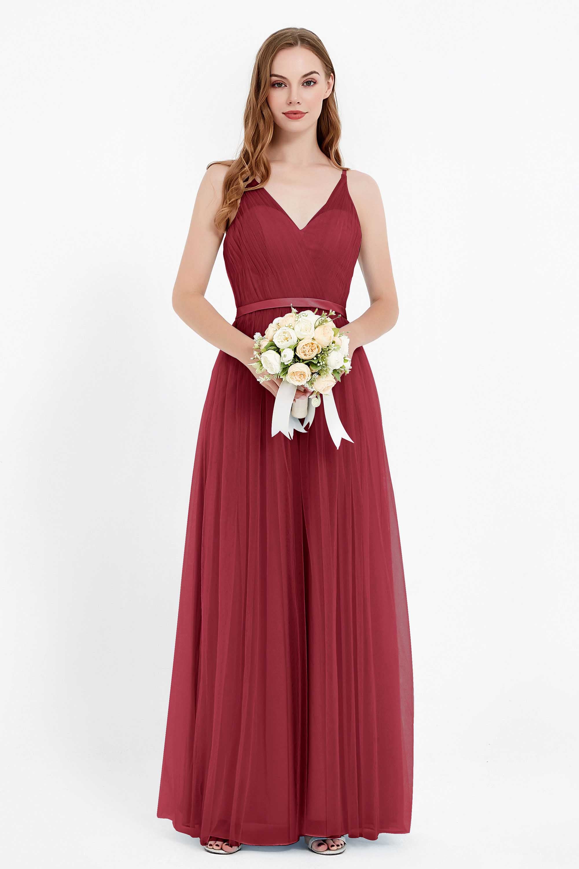 romantic maxi bridesmaid dress features a V neckline empire waist pleated formal evening dresses