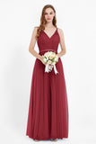 romantic maxi bridesmaid dress features a V neckline empire waist pleated formal evening dresses