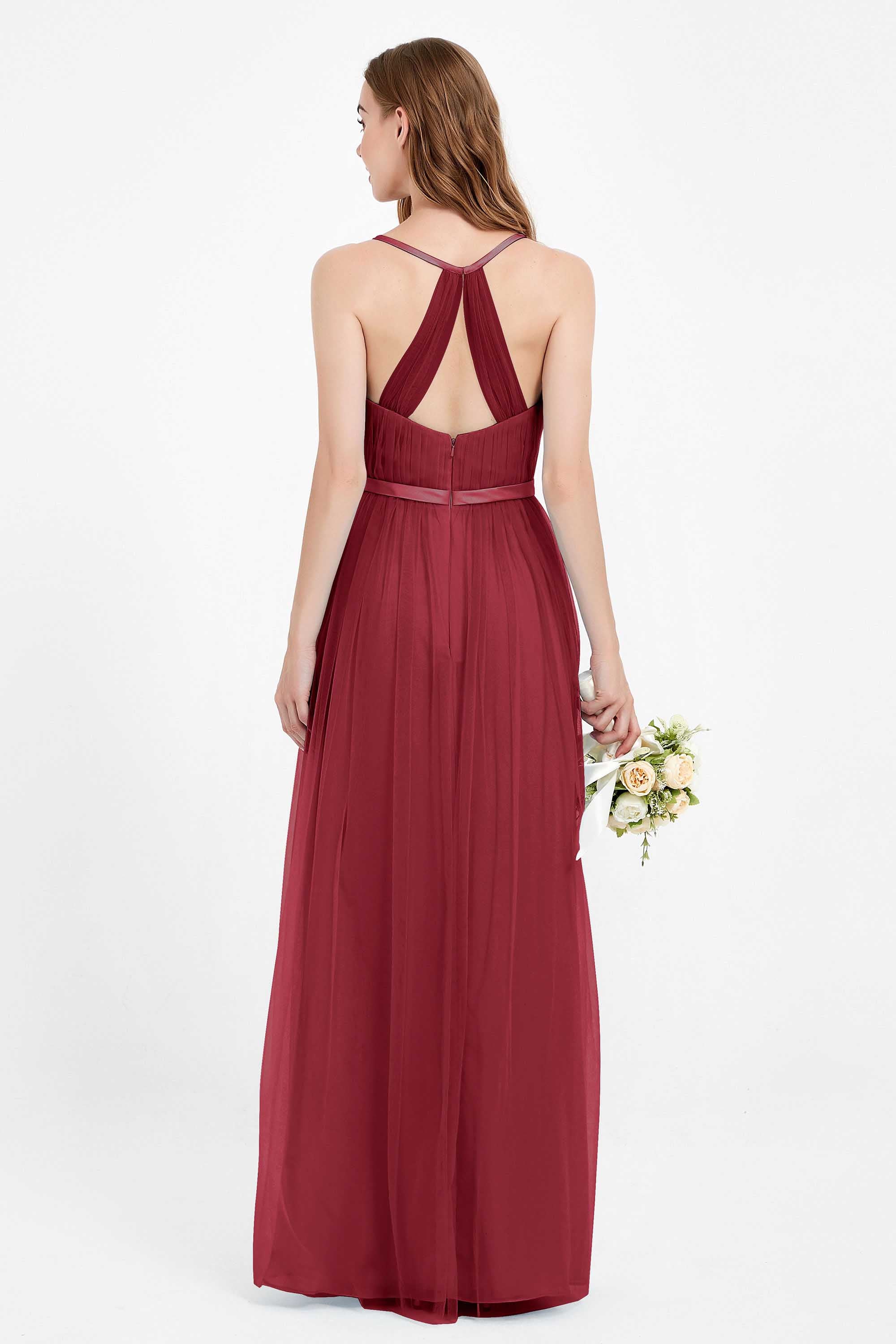 romantic maxi bridesmaid dress features a V neckline empire waist pleated formal evening dresses