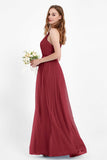romantic maxi bridesmaid dress features a V neckline empire waist pleated formal evening dresses