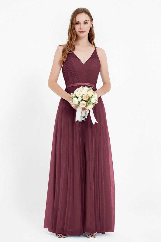 romantic maxi bridesmaid dress features a V neckline empire waist pleated formal evening dresses