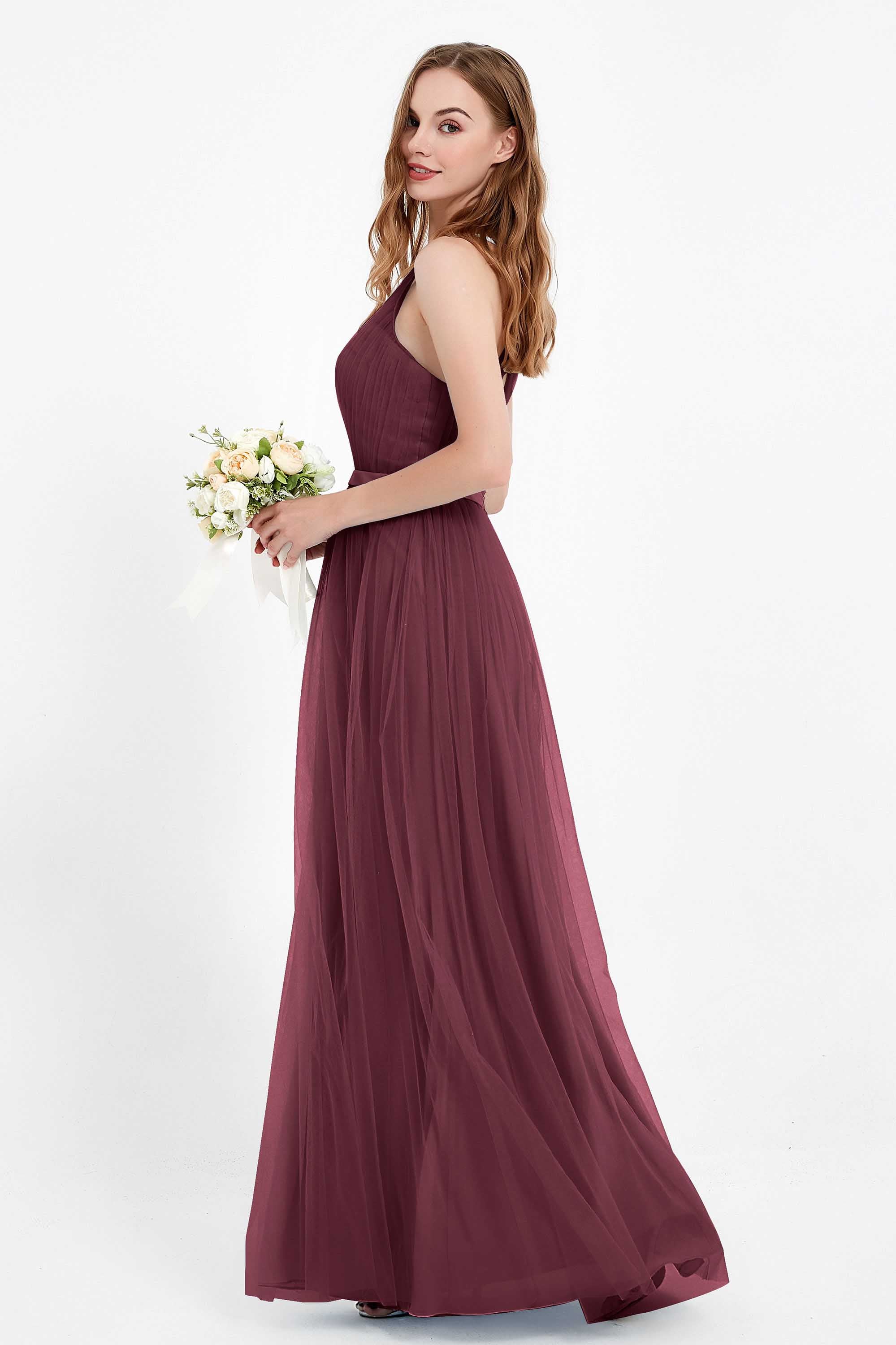 romantic maxi bridesmaid dress features a V neckline empire waist pleated formal evening dresses