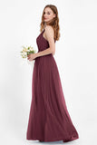 romantic maxi bridesmaid dress features a V neckline empire waist pleated formal evening dresses