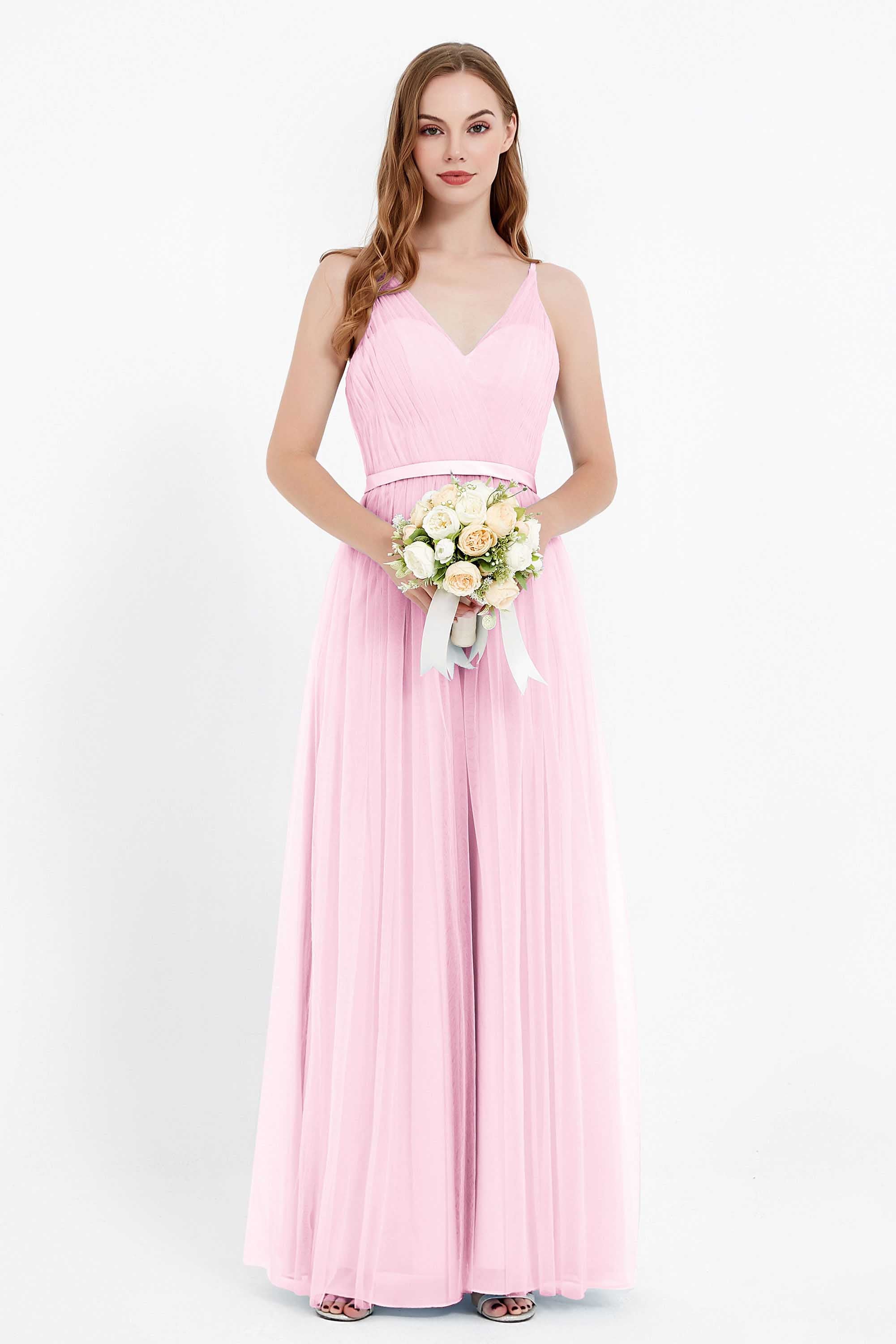 romantic maxi bridesmaid dress features a V neckline empire waist pleated formal evening dresses