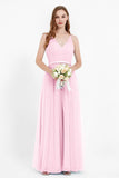 romantic maxi bridesmaid dress features a V neckline empire waist pleated formal evening dresses