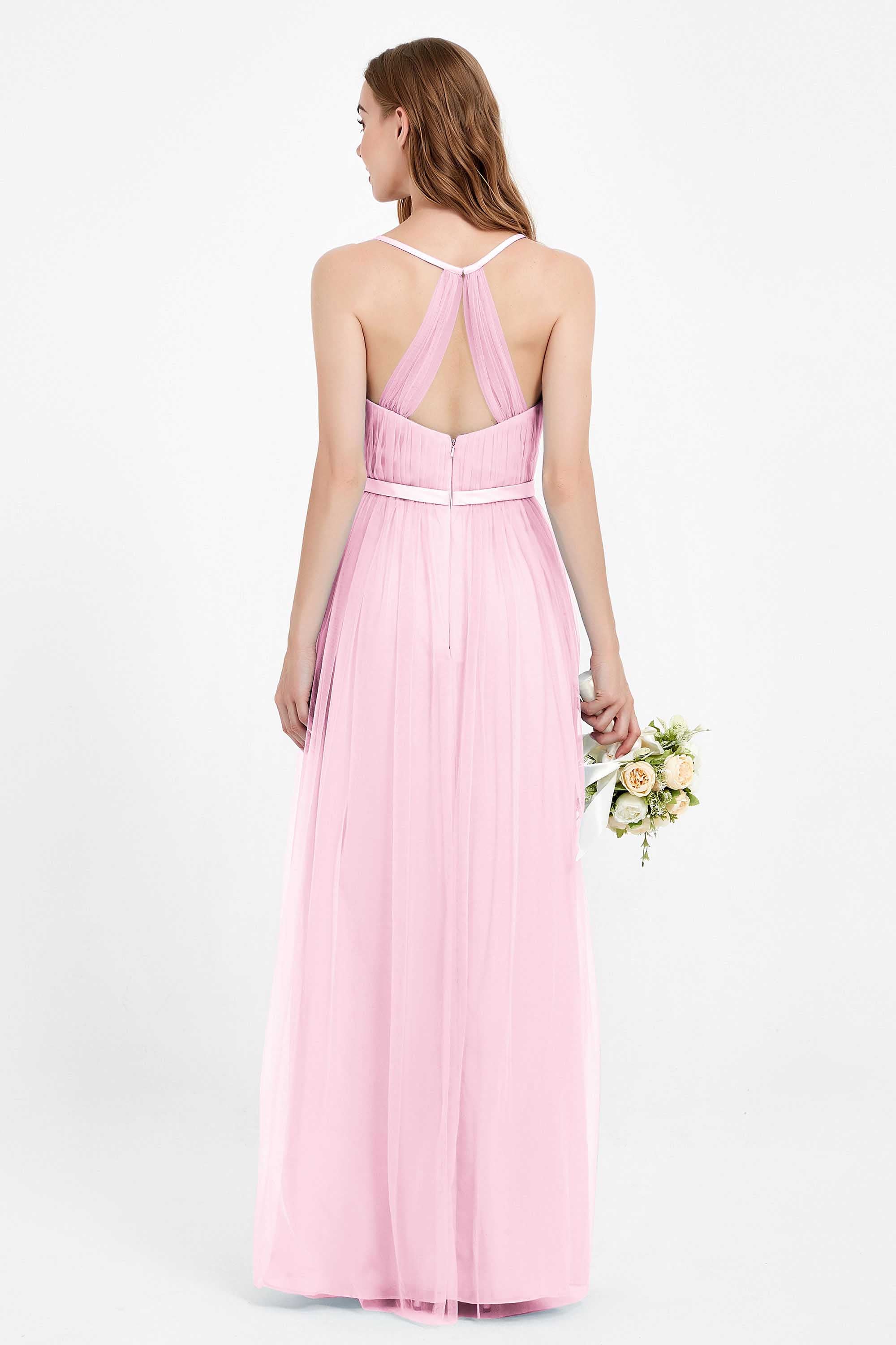 romantic maxi bridesmaid dress features a V neckline empire waist pleated formal evening dresses
