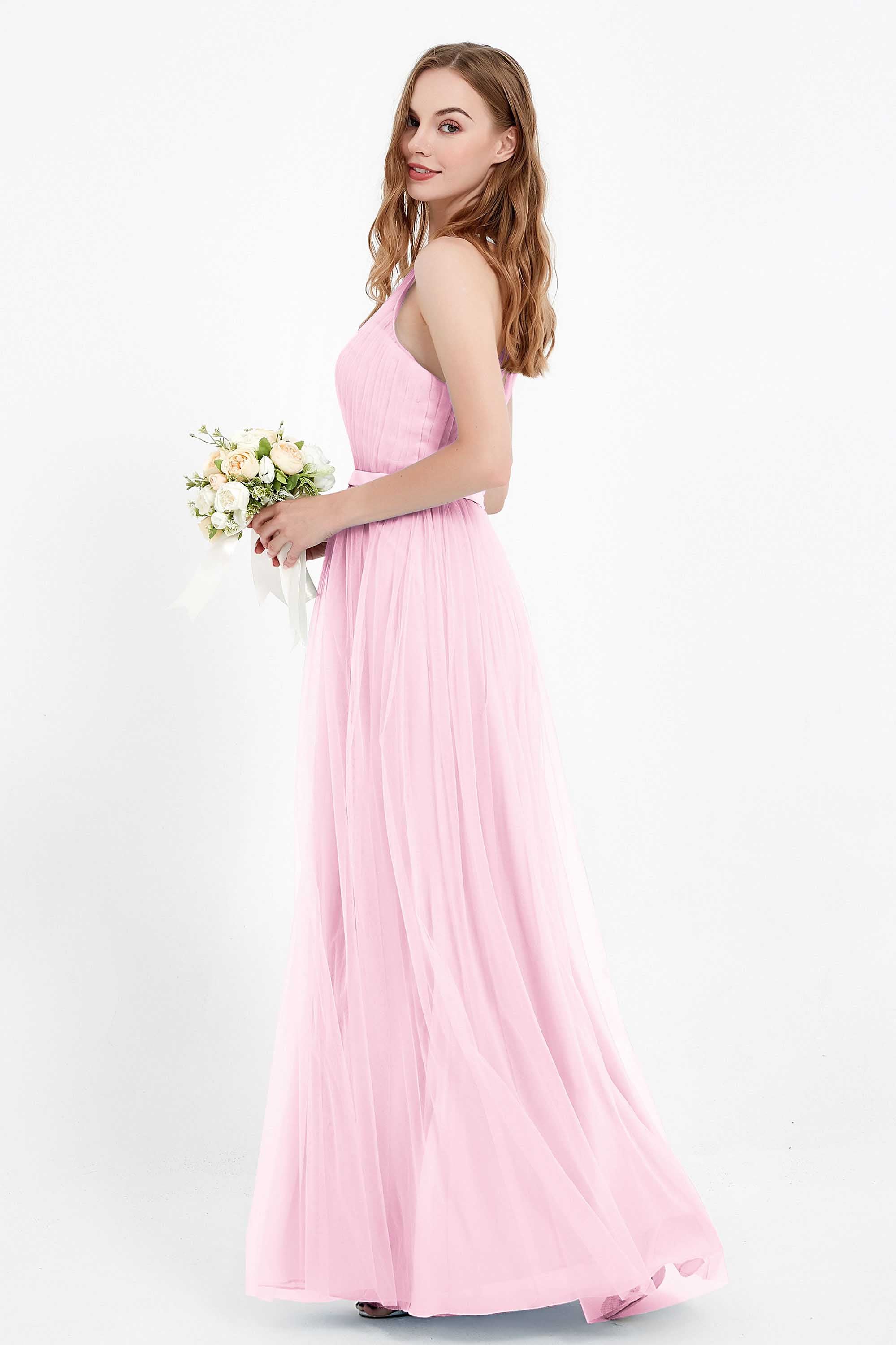 romantic maxi bridesmaid dress features a V neckline empire waist pleated formal evening dresses