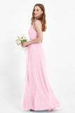 romantic maxi bridesmaid dress features a V neckline empire waist pleated formal evening dresses