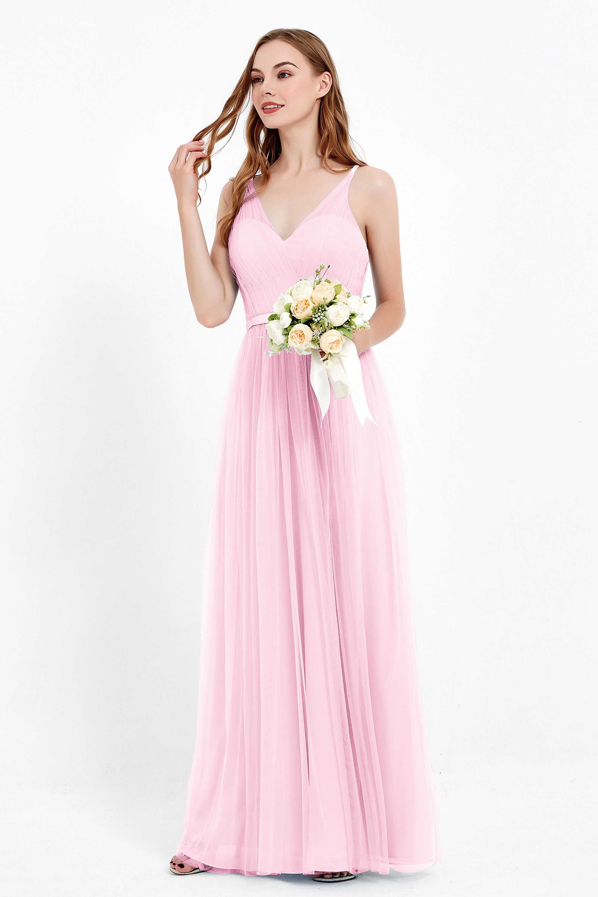 romantic maxi bridesmaid dress features a V neckline empire waist pleated formal evening dresses