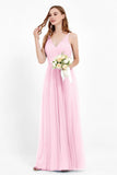 romantic maxi bridesmaid dress features a V neckline empire waist pleated formal evening dresses