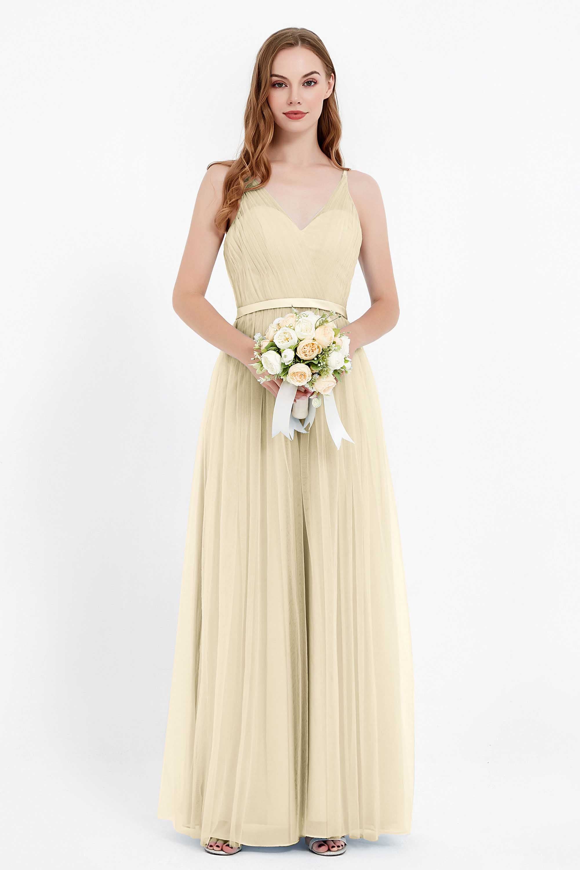 romantic maxi bridesmaid dress features a V neckline empire waist pleated formal evening dresses