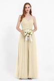 romantic maxi bridesmaid dress features a V neckline empire waist pleated formal evening dresses