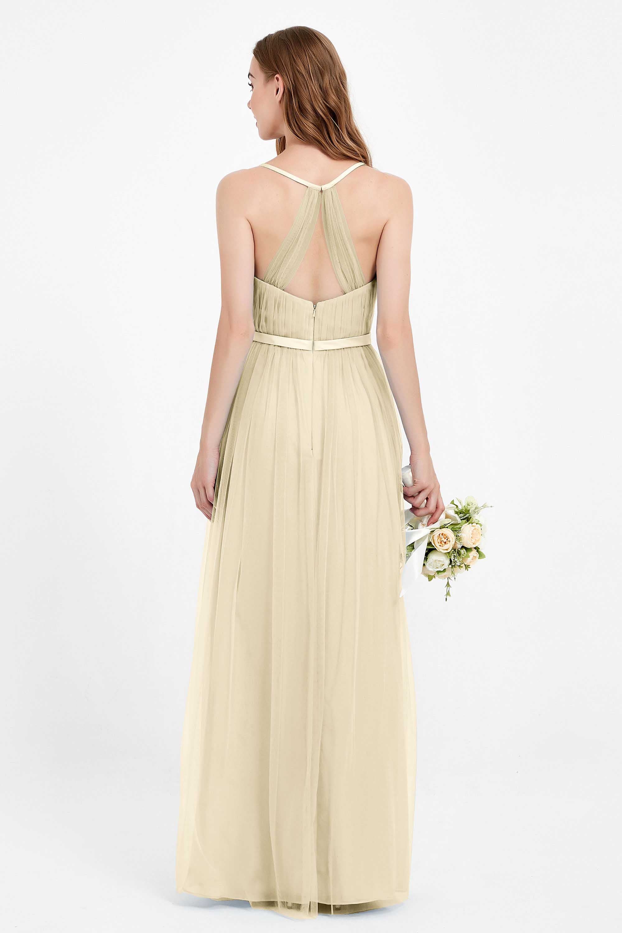 romantic maxi bridesmaid dress features a V neckline empire waist pleated formal evening dresses