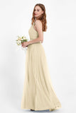 romantic maxi bridesmaid dress features a V neckline empire waist pleated formal evening dresses