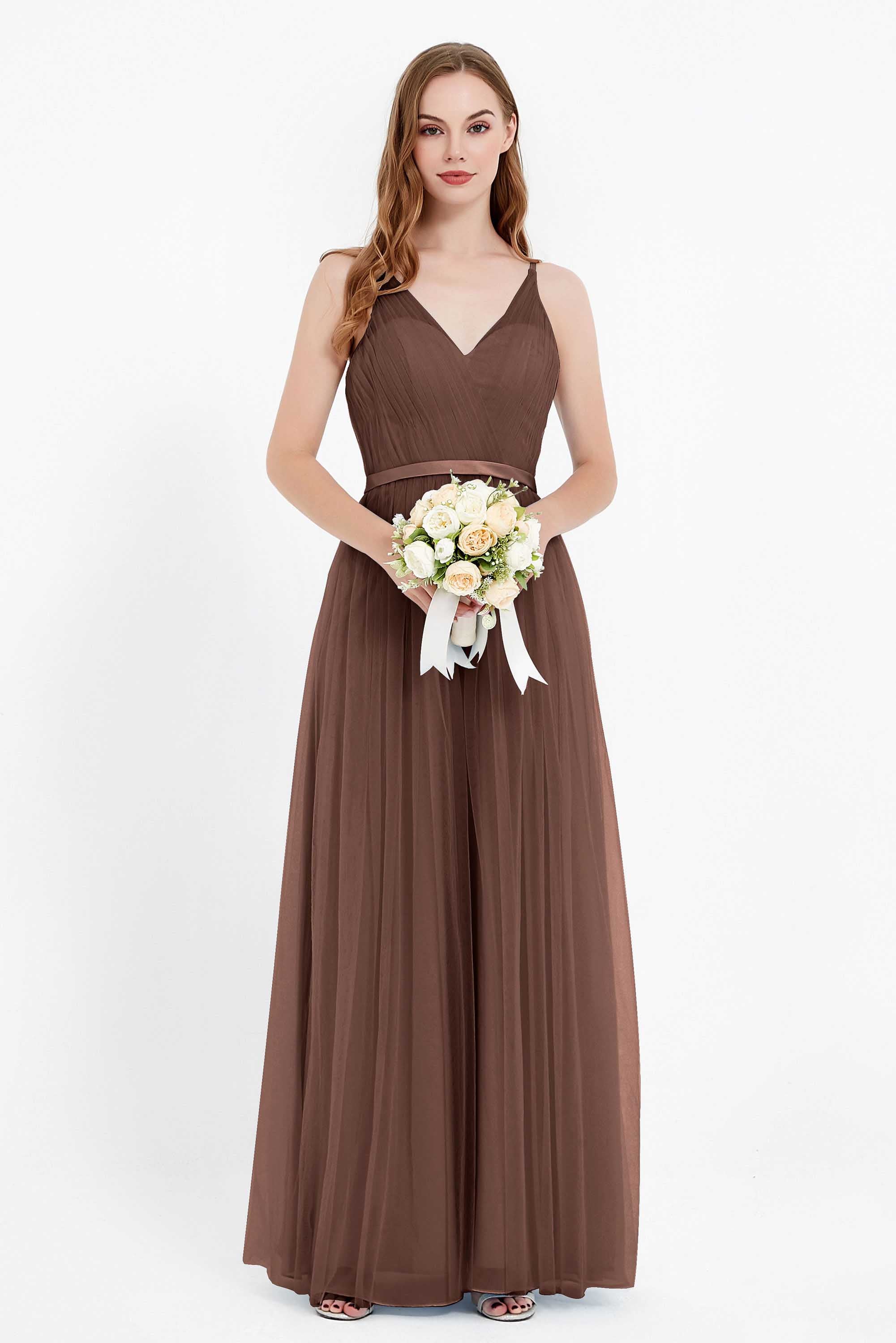 romantic maxi bridesmaid dress features a V neckline empire waist pleated formal evening dresses