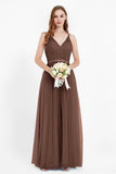 romantic maxi bridesmaid dress features a V neckline empire waist pleated formal evening dresses