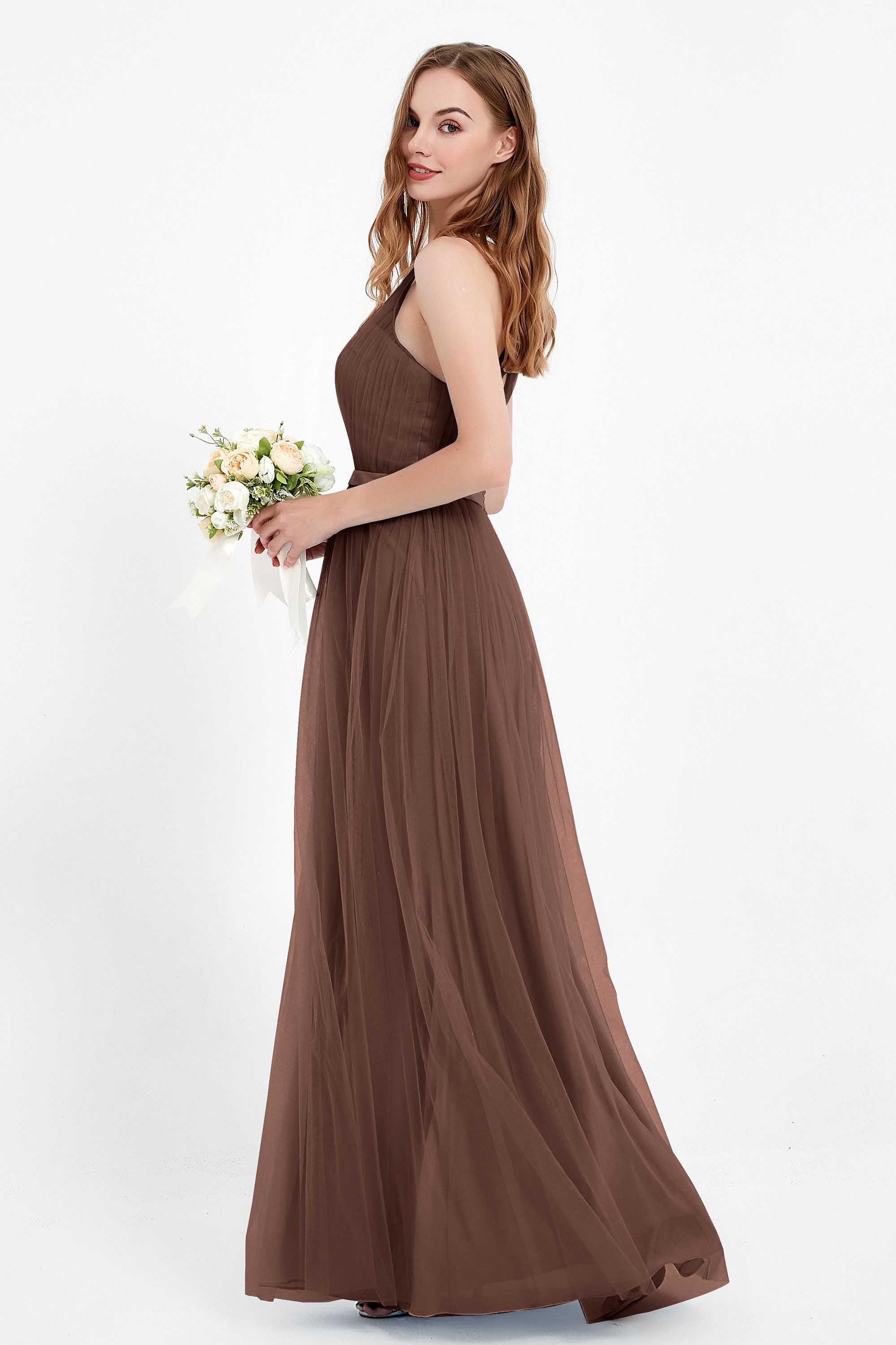 romantic maxi bridesmaid dress features a V neckline empire waist pleated formal evening dresses