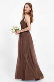 romantic maxi bridesmaid dress features a V neckline empire waist pleated formal evening dresses