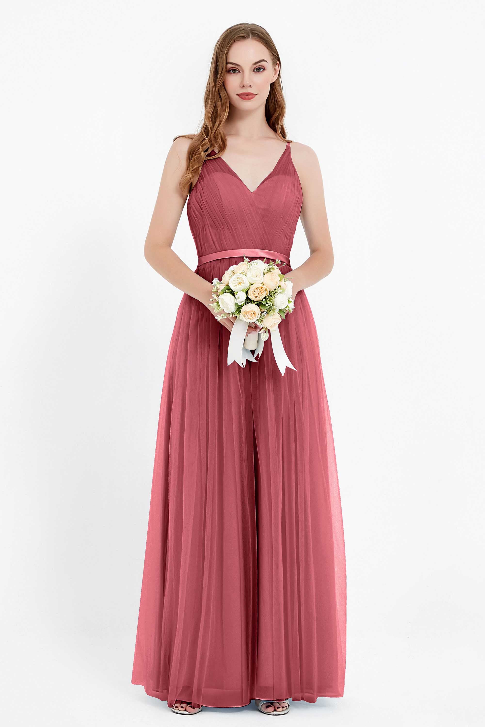 romantic maxi bridesmaid dress features a V neckline empire waist pleated formal evening dresses
