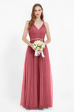 romantic maxi bridesmaid dress features a V neckline empire waist pleated formal evening dresses