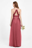 romantic maxi bridesmaid dress features a V neckline empire waist pleated formal evening dresses