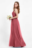 romantic maxi bridesmaid dress features a V neckline empire waist pleated formal evening dresses