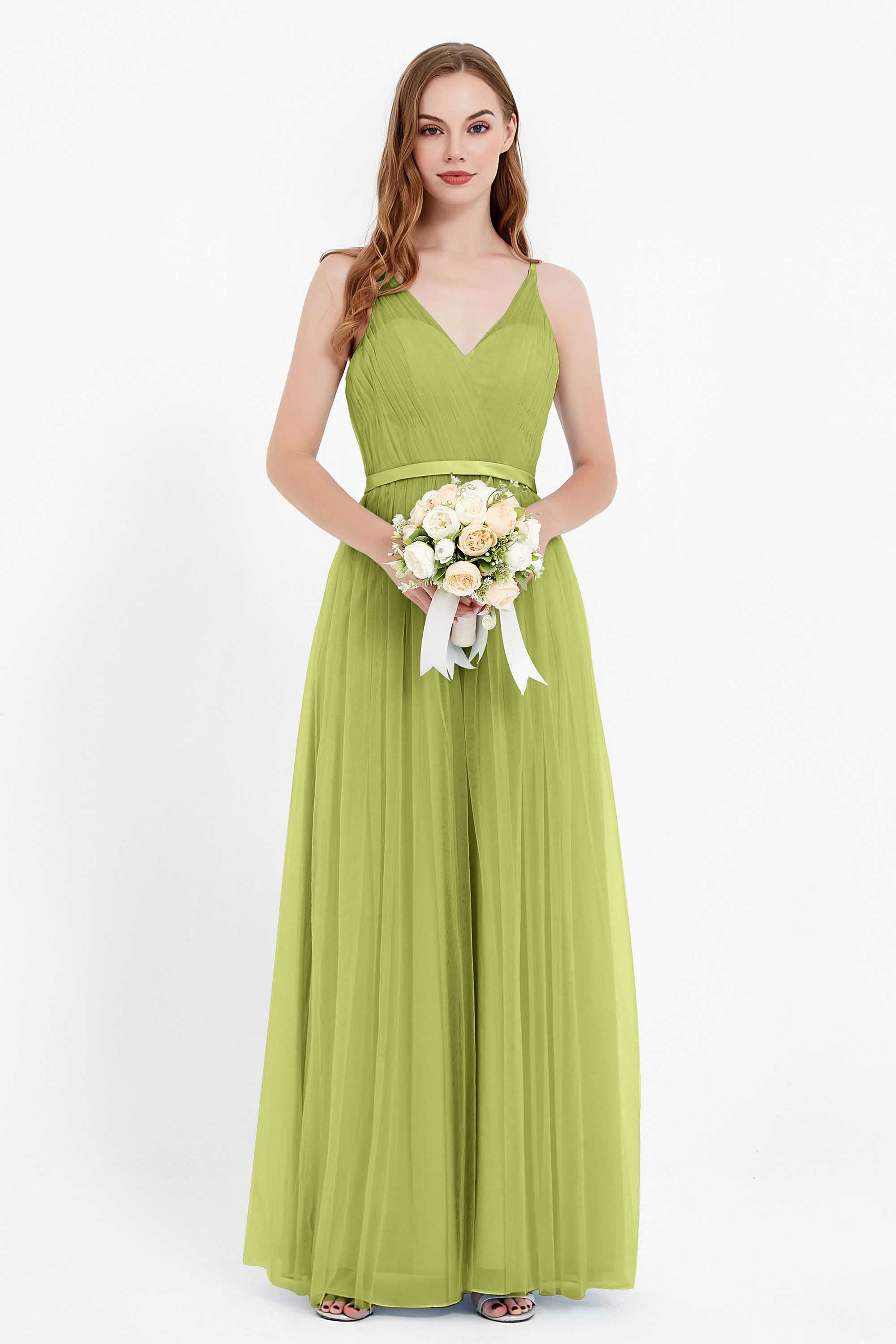 romantic maxi bridesmaid dress features a V neckline empire waist pleated formal evening dresses