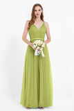 romantic maxi bridesmaid dress features a V neckline empire waist pleated formal evening dresses