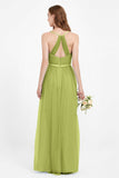 romantic maxi bridesmaid dress features a V neckline empire waist pleated formal evening dresses