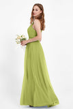 romantic maxi bridesmaid dress features a V neckline empire waist pleated formal evening dresses