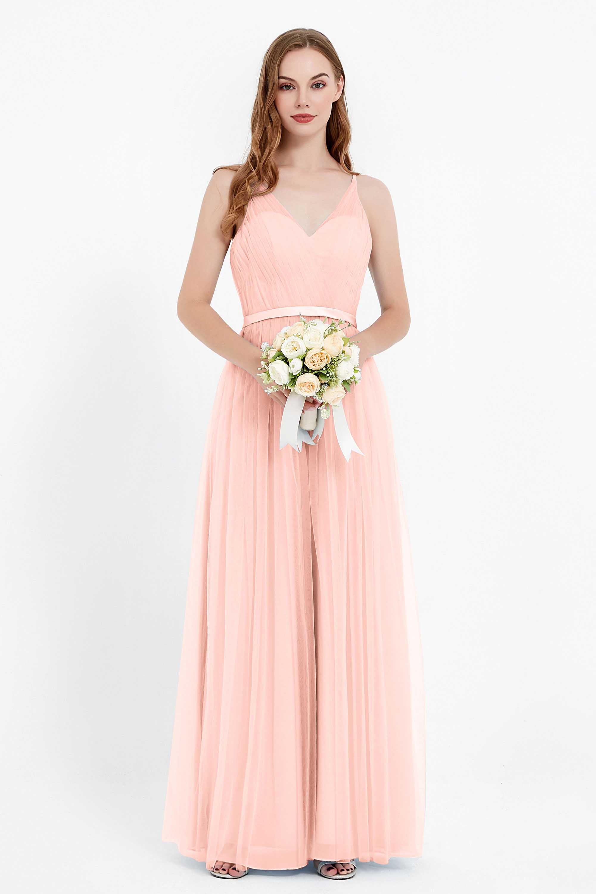 romantic maxi bridesmaid dress features a V neckline empire waist pleated formal evening dresses