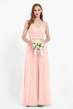 romantic maxi bridesmaid dress features a V neckline empire waist pleated formal evening dresses