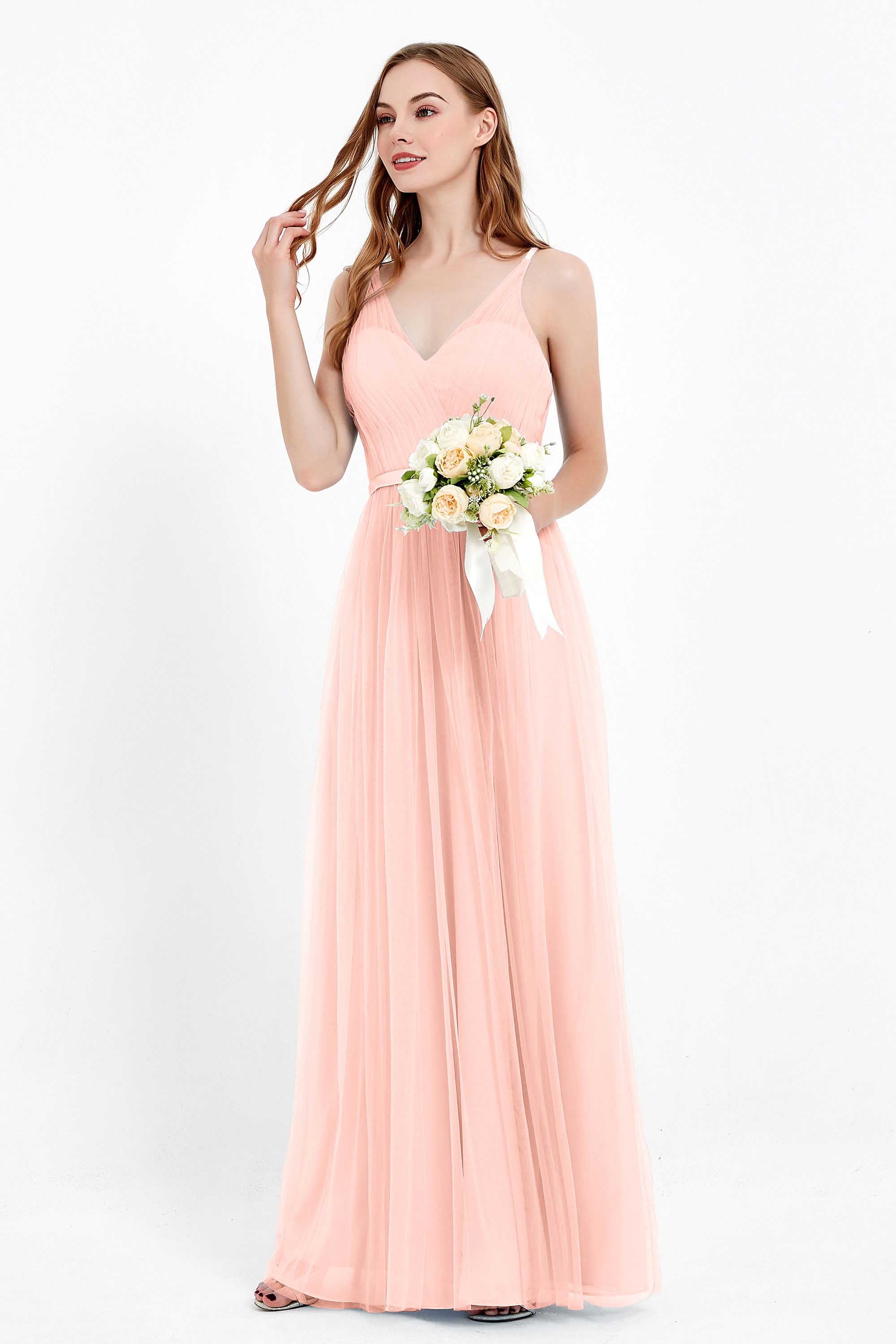 romantic maxi bridesmaid dress features a V neckline empire waist pleated formal evening dresses