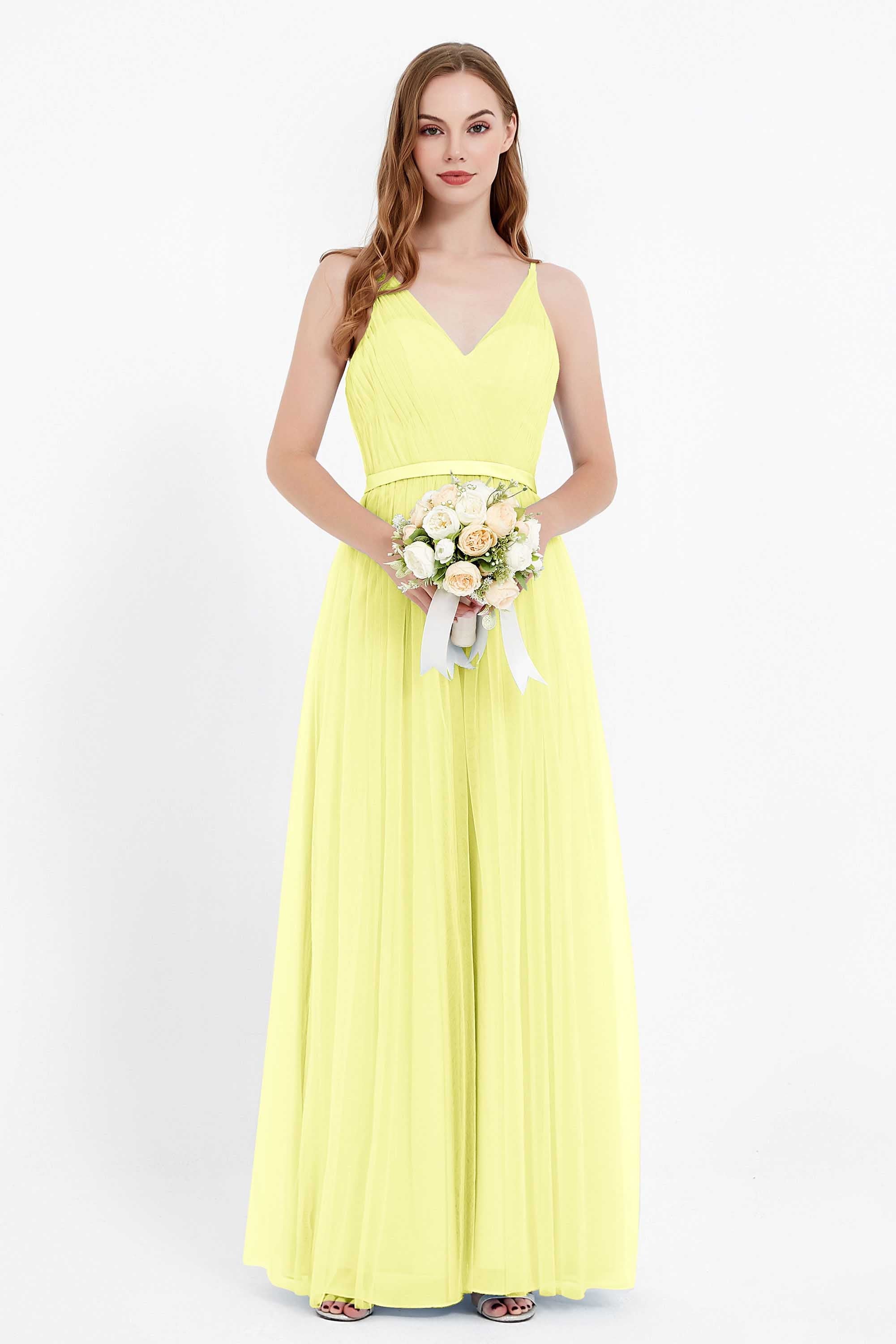 romantic maxi bridesmaid dress features a V neckline empire waist pleated formal evening dresses