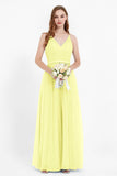 romantic maxi bridesmaid dress features a V neckline empire waist pleated formal evening dresses