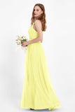 romantic maxi bridesmaid dress features a V neckline empire waist pleated formal evening dresses