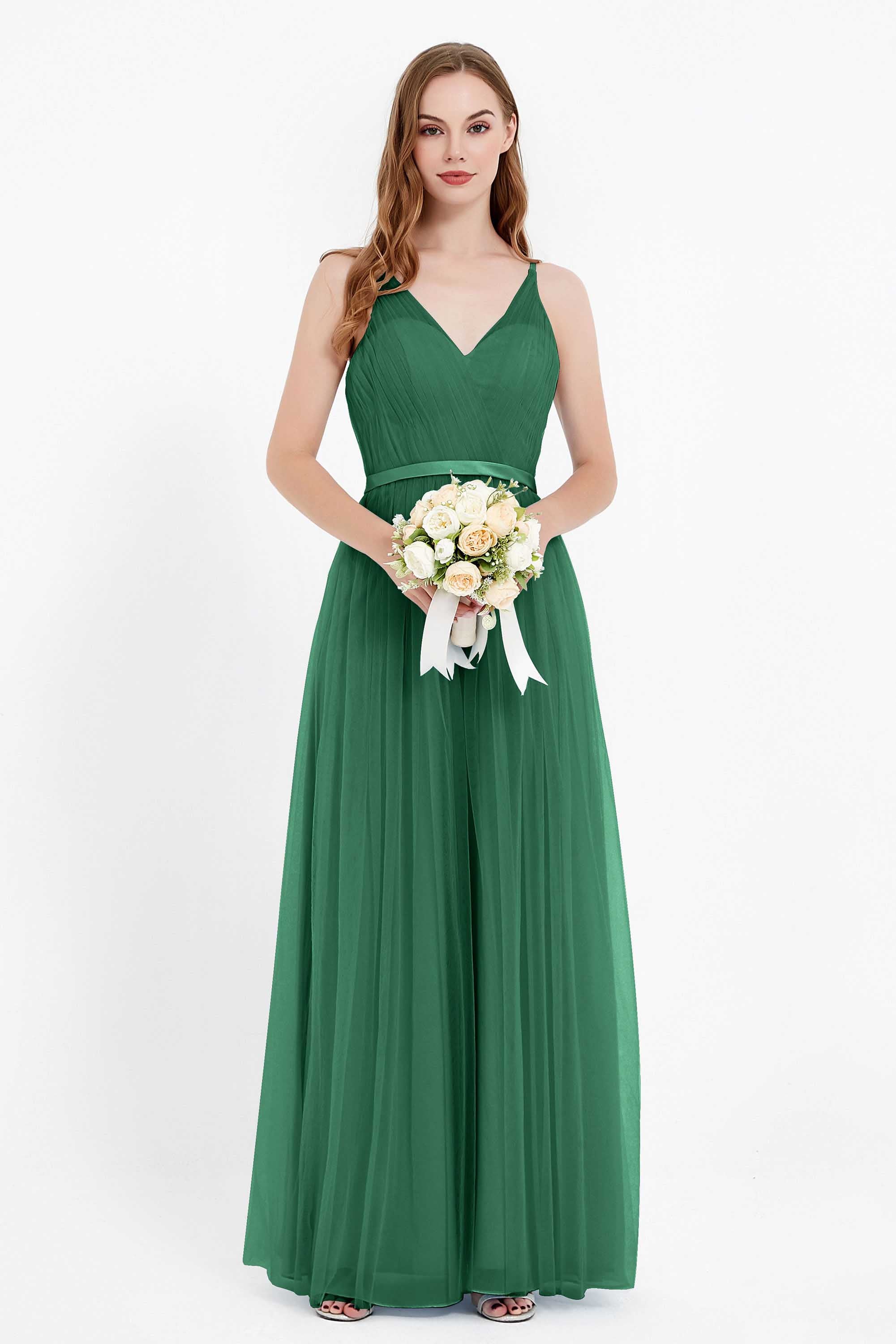 romantic maxi bridesmaid dress features a V neckline empire waist pleated formal evening dresses