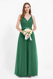 romantic maxi bridesmaid dress features a V neckline empire waist pleated formal evening dresses