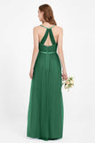 romantic maxi bridesmaid dress features a V neckline empire waist pleated formal evening dresses