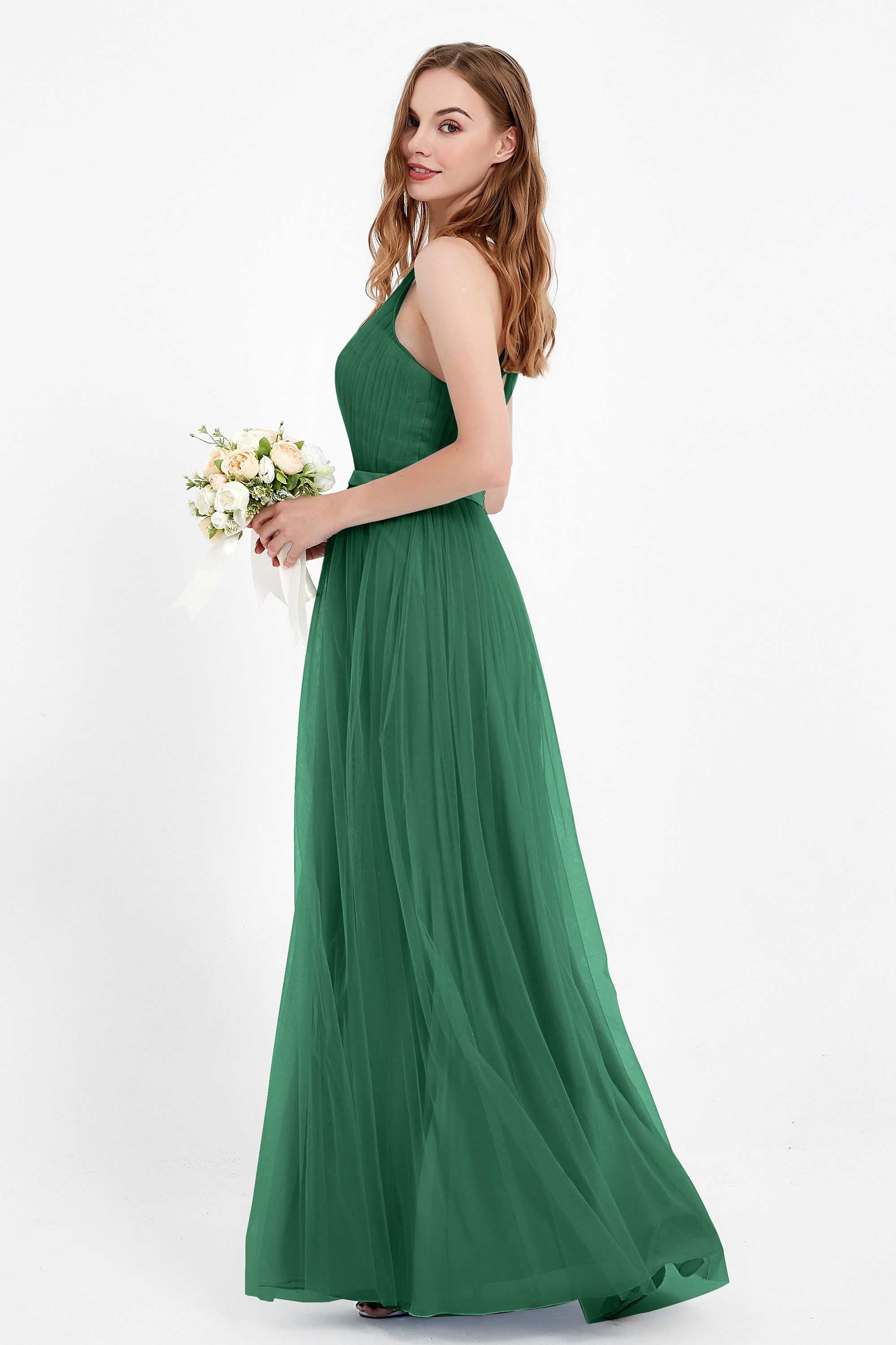 romantic maxi bridesmaid dress features a V neckline empire waist pleated formal evening dresses