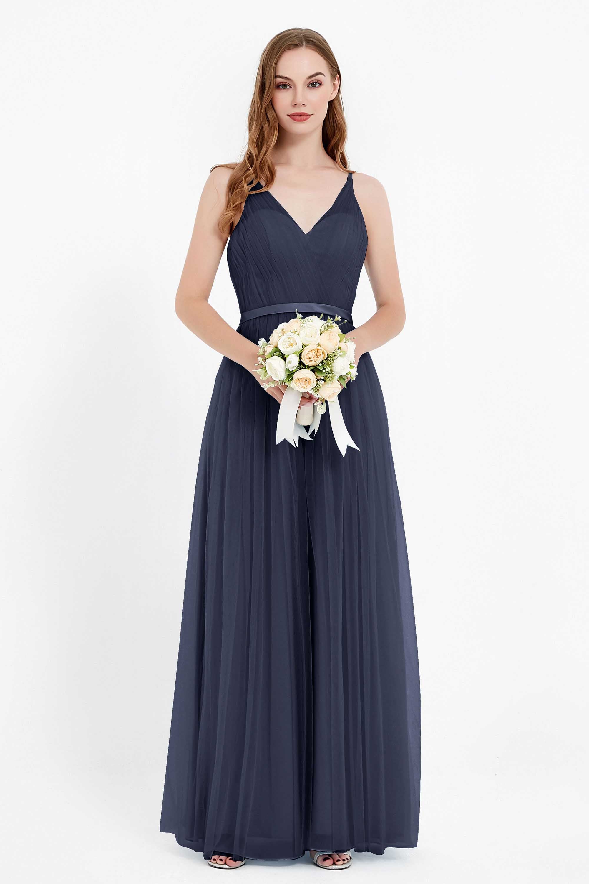 romantic maxi bridesmaid dress features a V neckline empire waist pleated formal evening dresses
