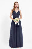 romantic maxi bridesmaid dress features a V neckline empire waist pleated formal evening dresses