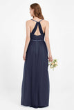 romantic maxi bridesmaid dress features a V neckline empire waist pleated formal evening dresses