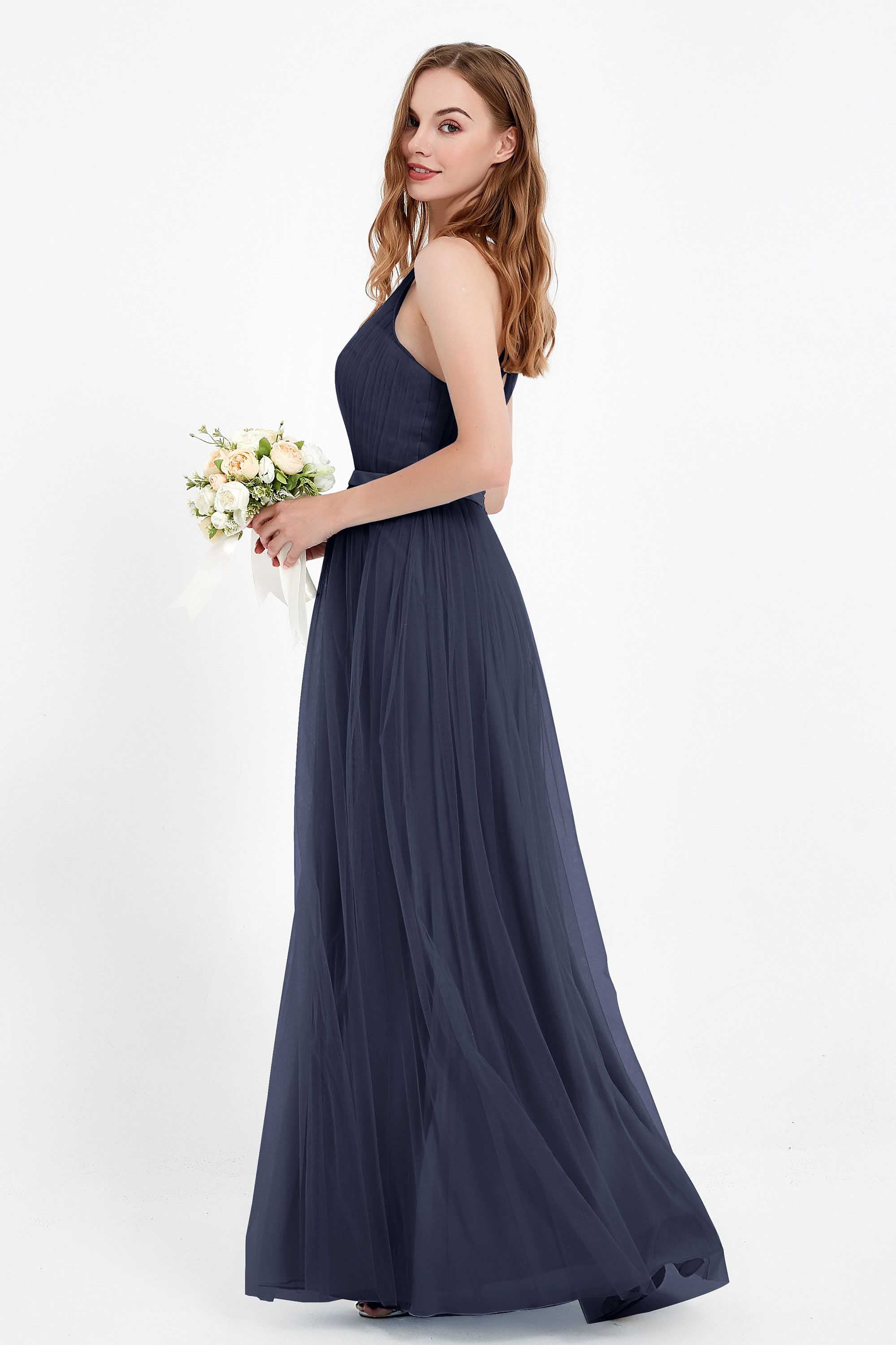 romantic maxi bridesmaid dress features a V neckline empire waist pleated formal evening dresses