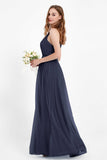 romantic maxi bridesmaid dress features a V neckline empire waist pleated formal evening dresses