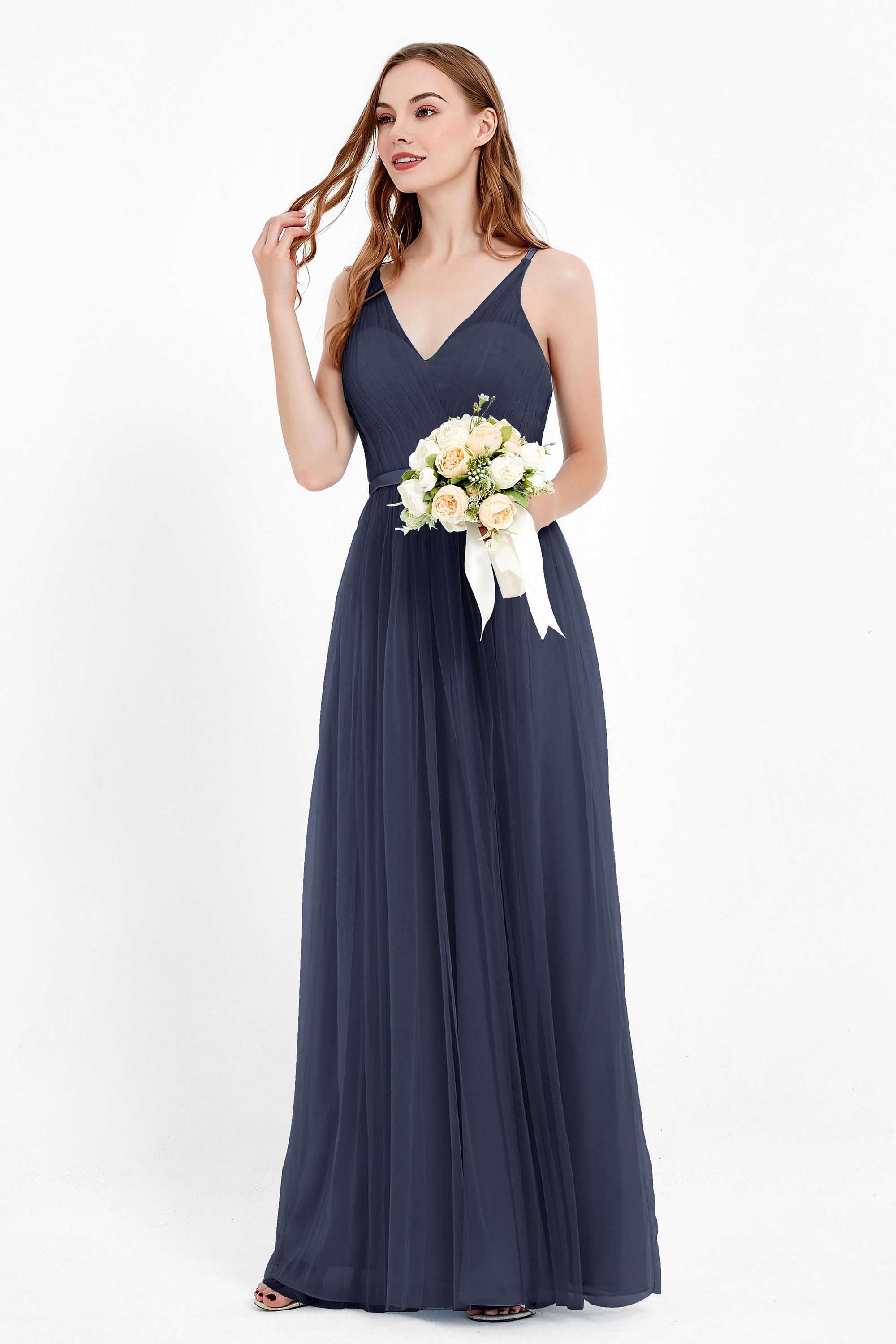 romantic maxi bridesmaid dress features a V neckline empire waist pleated formal evening dresses